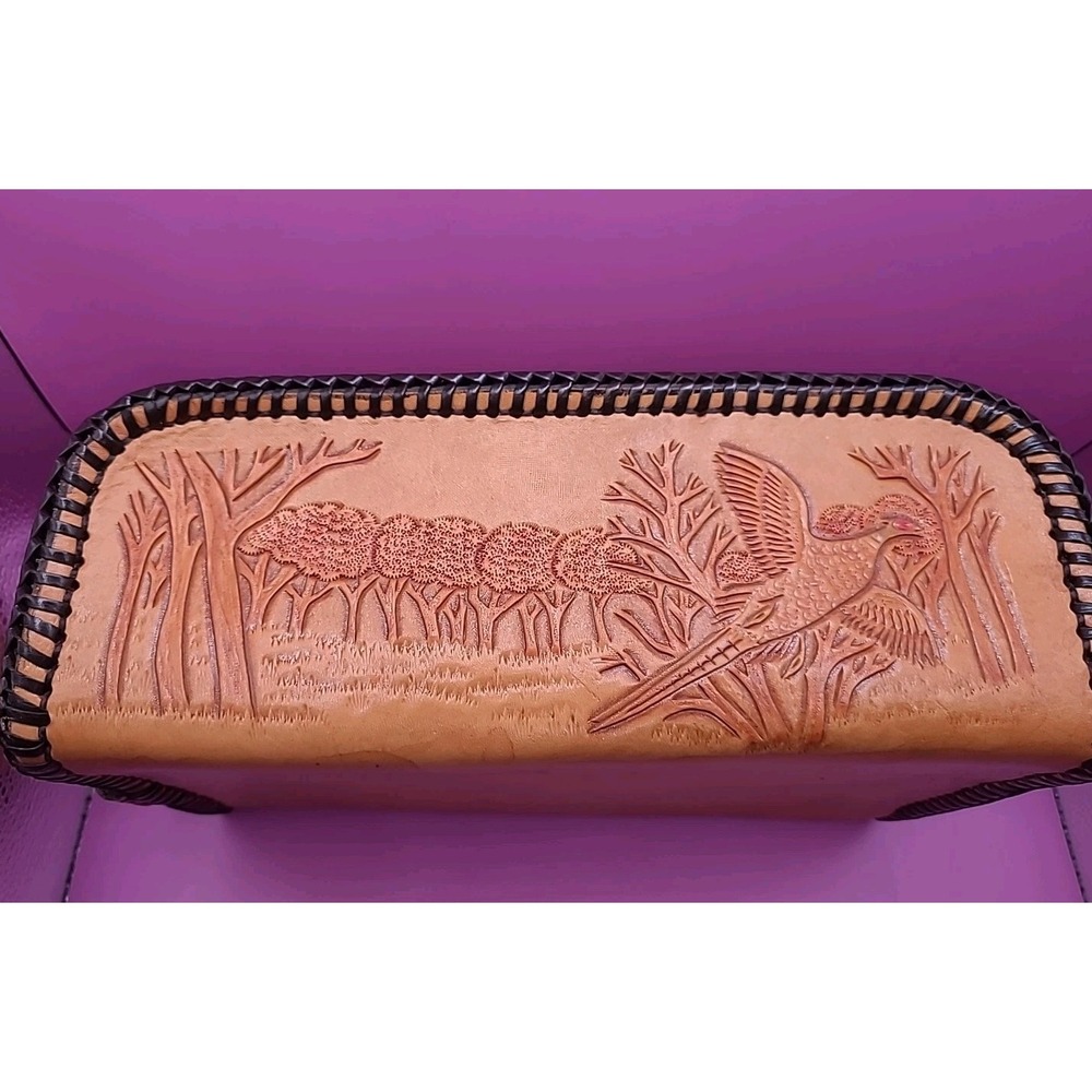 Rare 1960s Vintage Tooled Leather Men's Toiletry Bag Travel Case Pheasant Nature